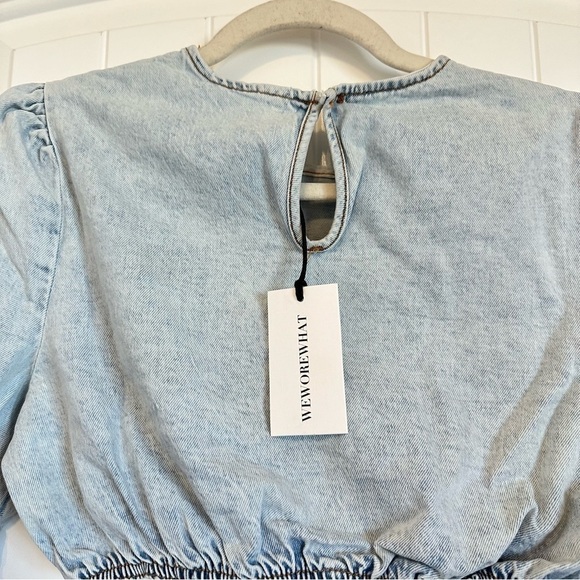 NWT WeWoreWhat cropped denim top ruffle peasant sleeve crop blouse women’s small - Picture 6 of 8